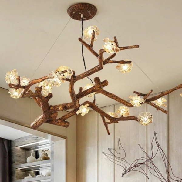Rustic Elegance: Old Tree Branch Rattan Art Chandelier