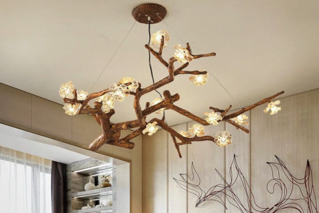 Rustic Elegance: Old Tree Branch Rattan Art Chandelier